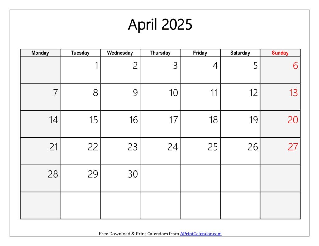 April 2025 Calendar Monday Start