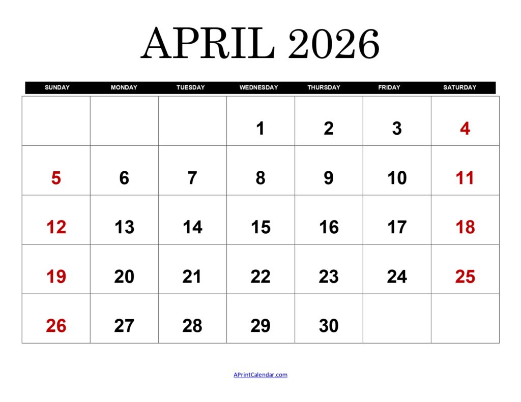 April 2026 Calendar Printable