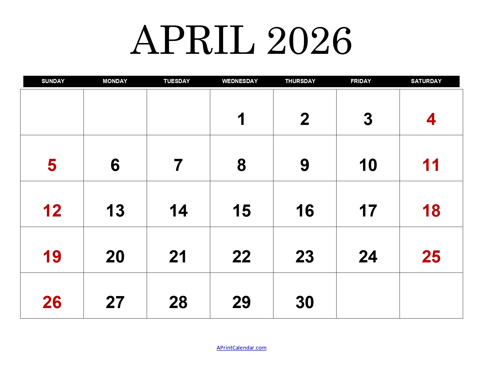 April 2026 Calendar Printable
