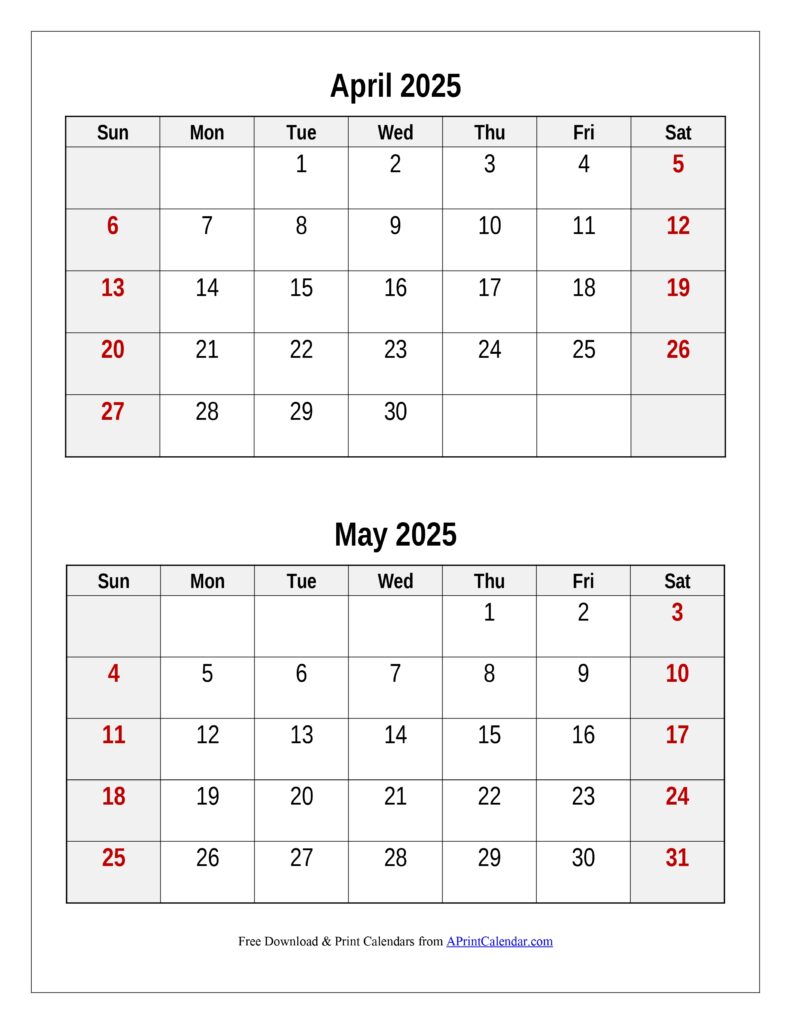 April and May 2025 Calendar