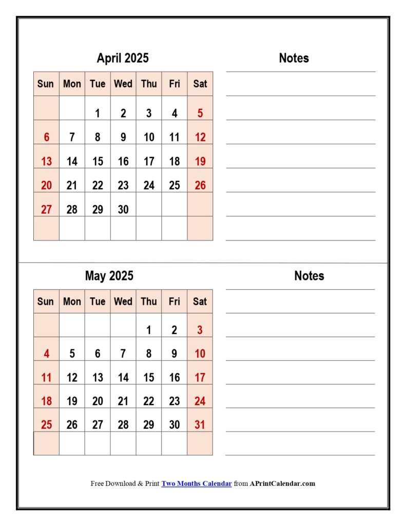 April and May 2025 Calendar with Notes