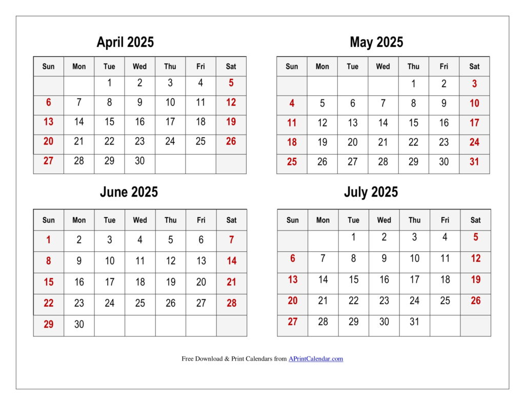 April to July 2025 Calendar