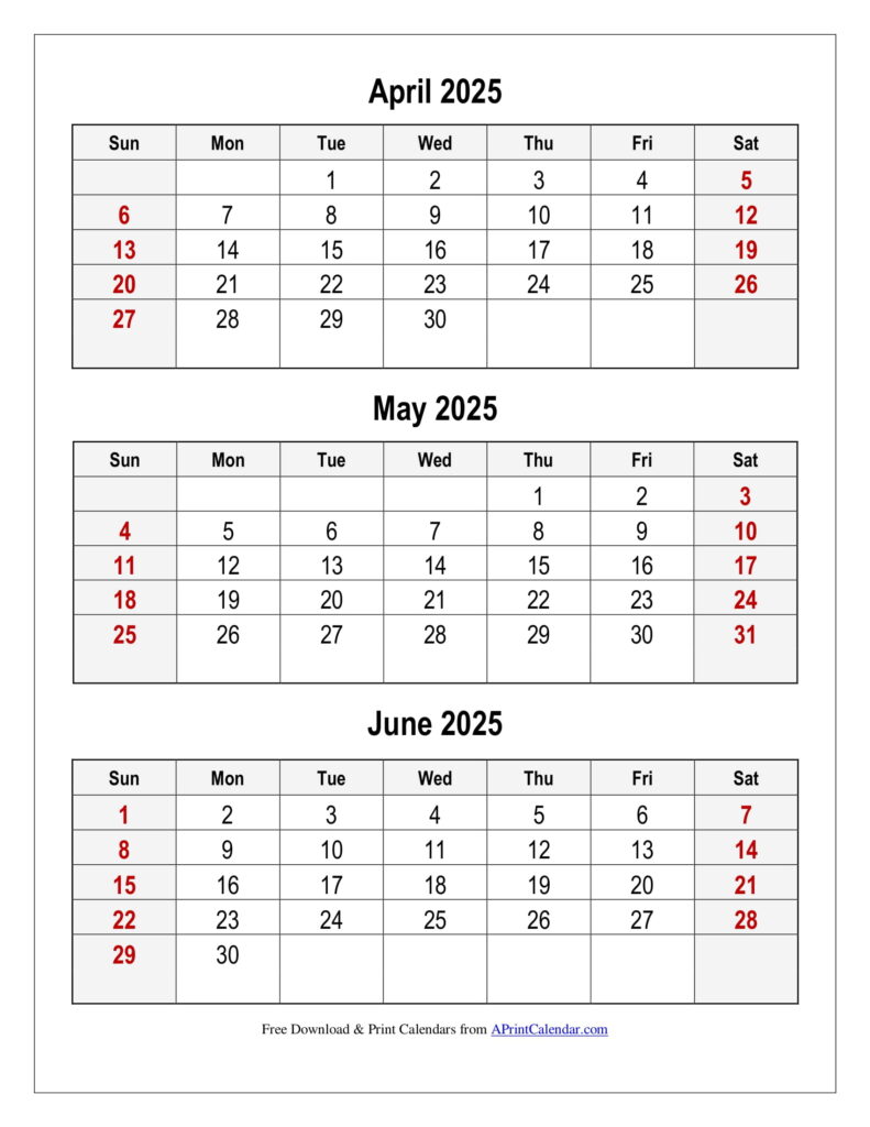 April to June 2025 Calendar