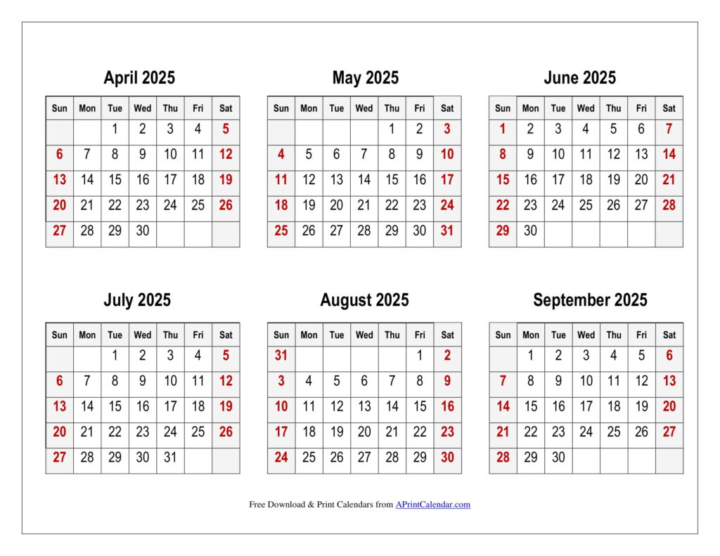 April to September 2025 Calendar