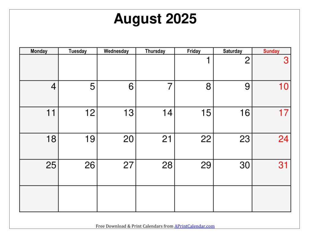 August 2025 Calendar Monday Start