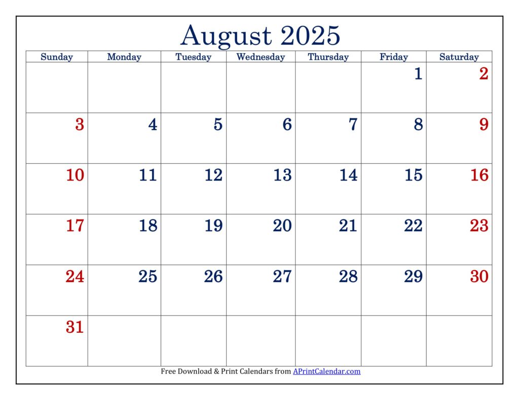 August 2025 Calendar Printable