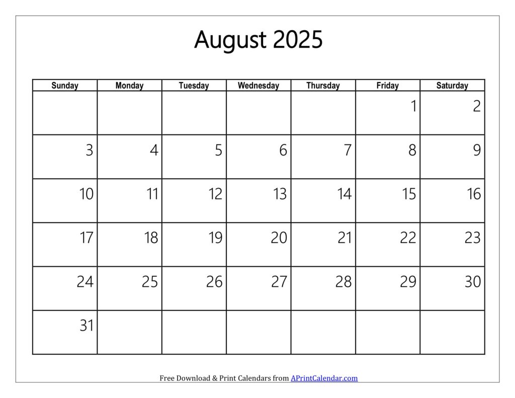 August 2025 Calendar Sunday Start