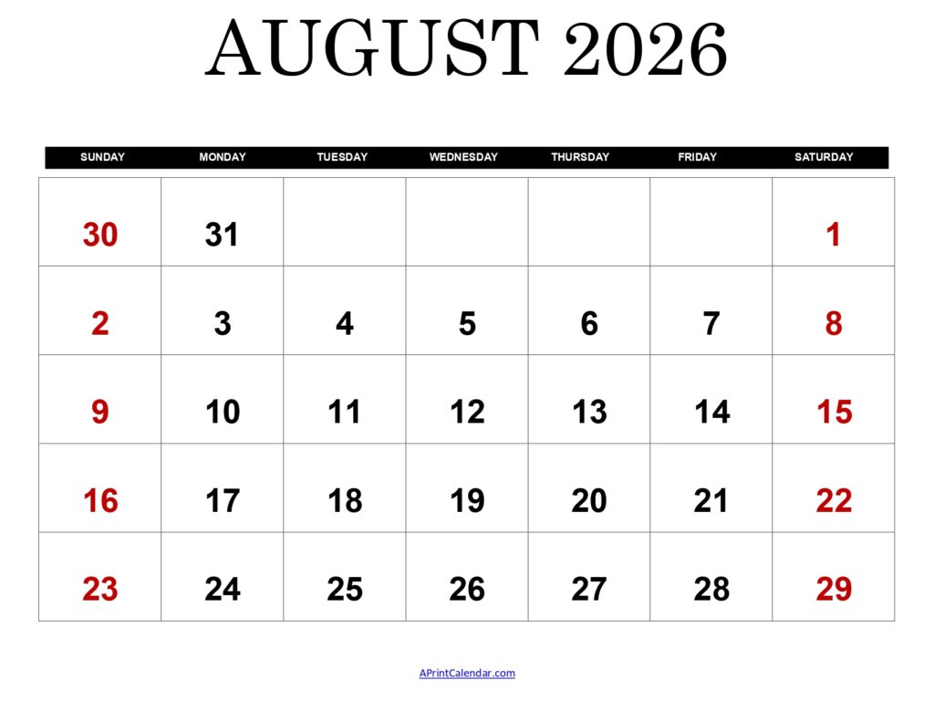 August 2026 Calendar Printable PDF