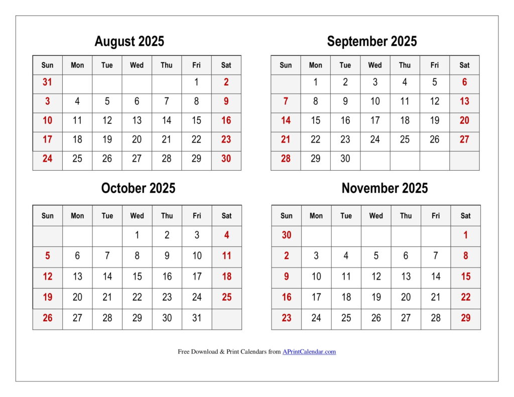 August to November 2025 Calendar