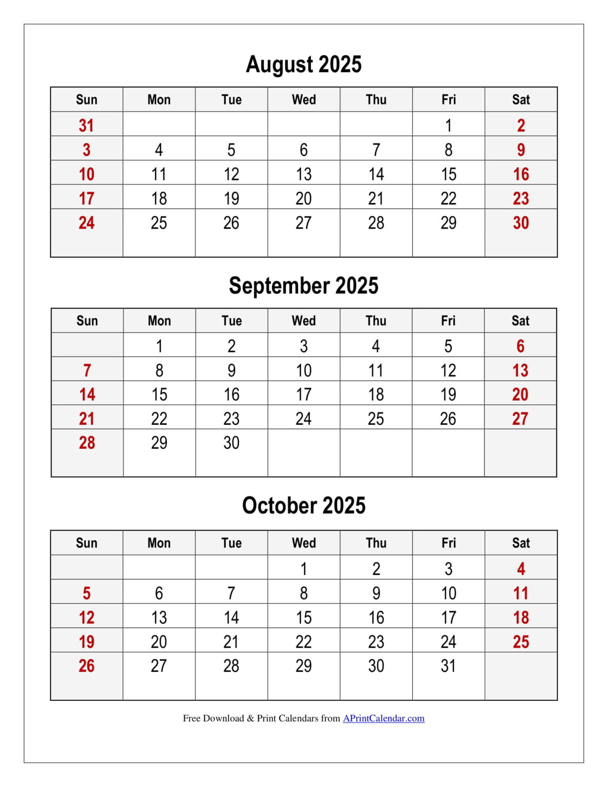 August to October 2025 Calendar 3 Months Per Page Printable PDF August to October 2025 Calendar 3 Months Per Page Printable PDF
