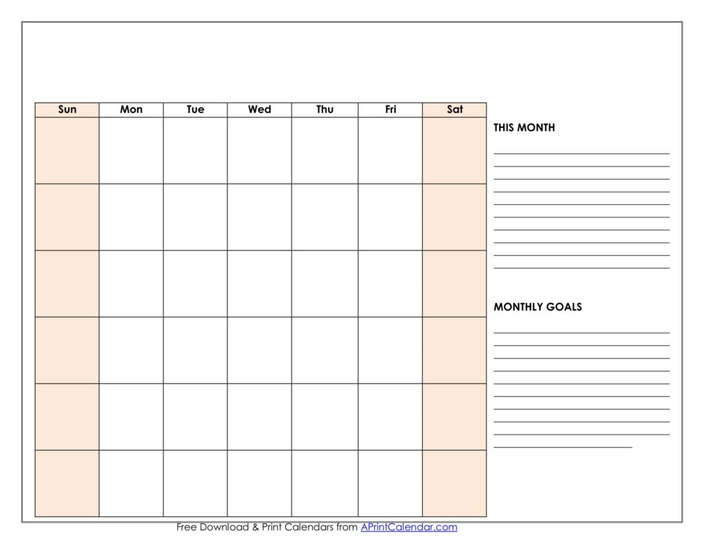 Blank Calendar Printable with Goals