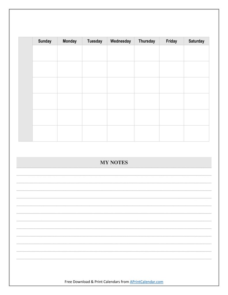 Blank Calendar Vertical With Notes