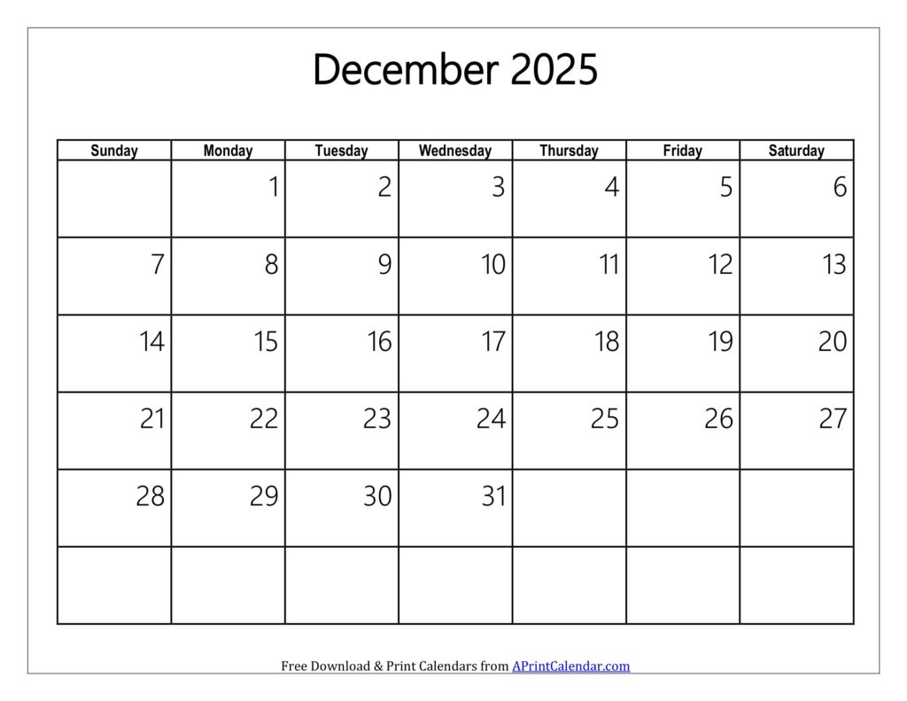 December 2025 Calendar Sunday Start