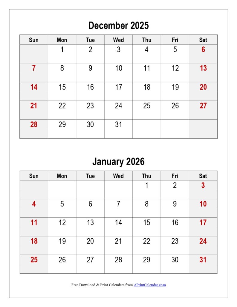 December 2025 and January 2026 Calendar