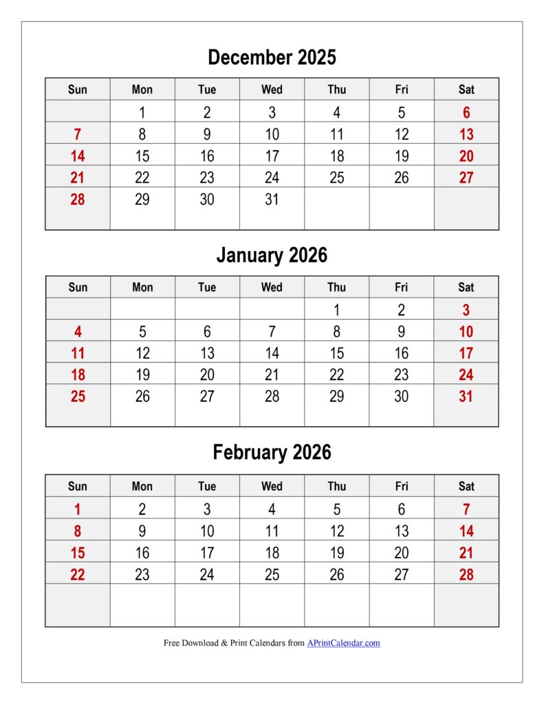 December 2025 to February 2026 Calendar