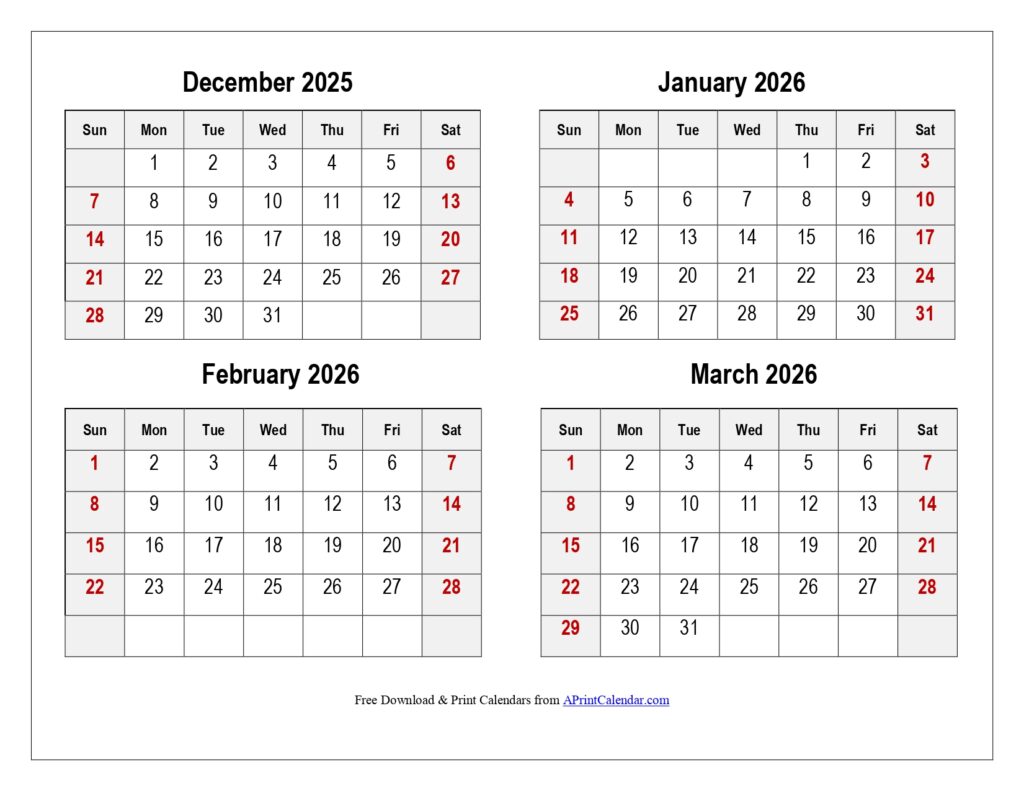 December 2025 to March 2026 Calendar