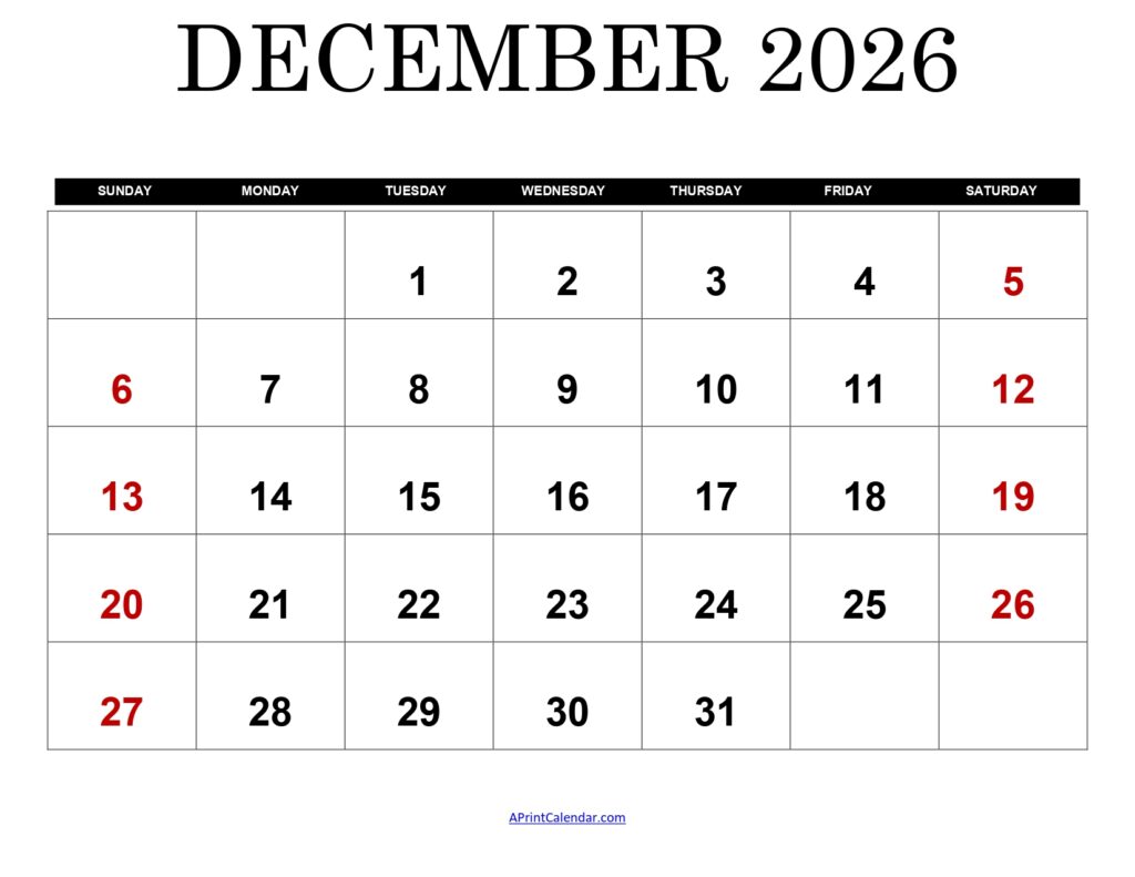 December 2026 Calendar Printable