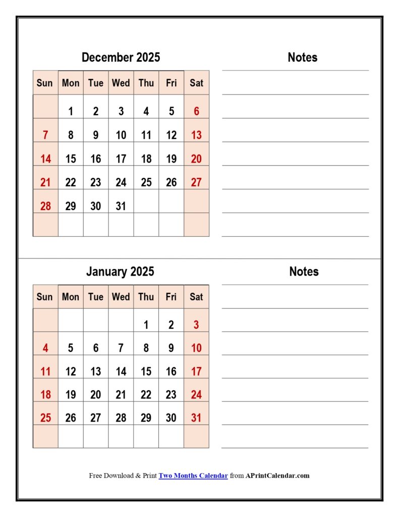 December and January 2026 Calendar with Notes