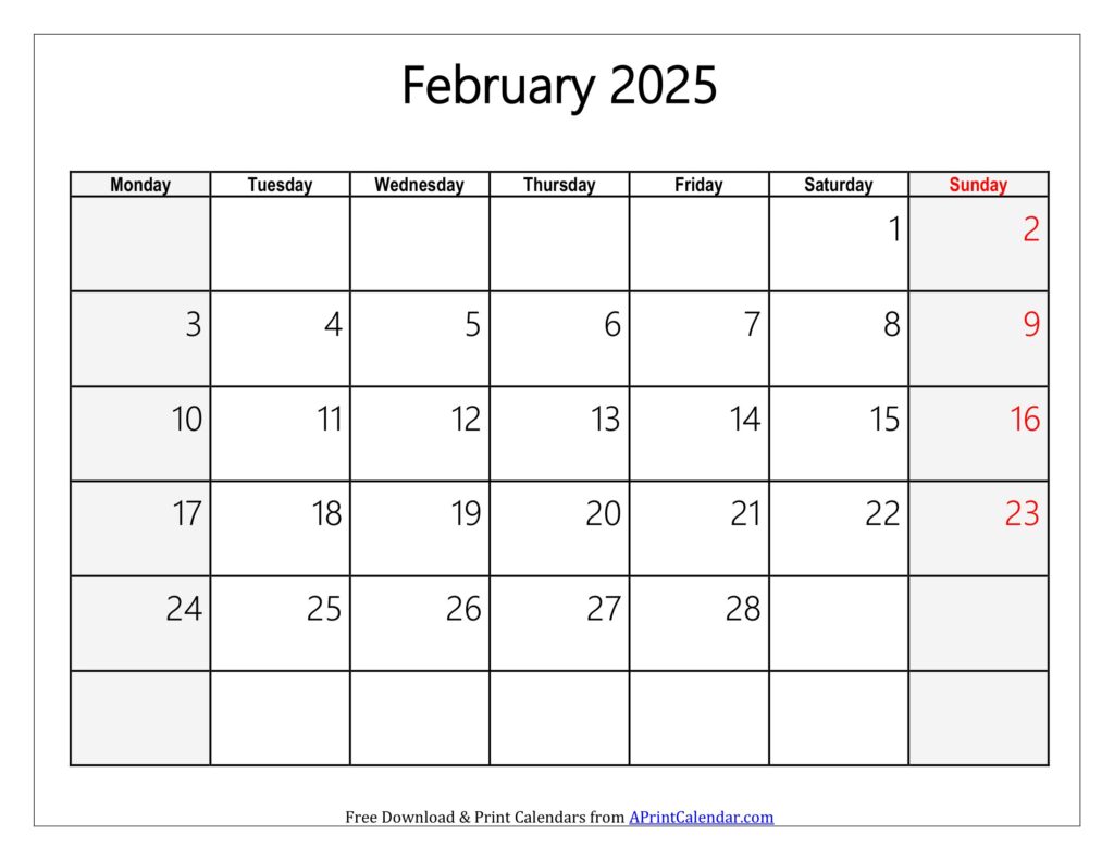 February 2025 Calendar Monday Start