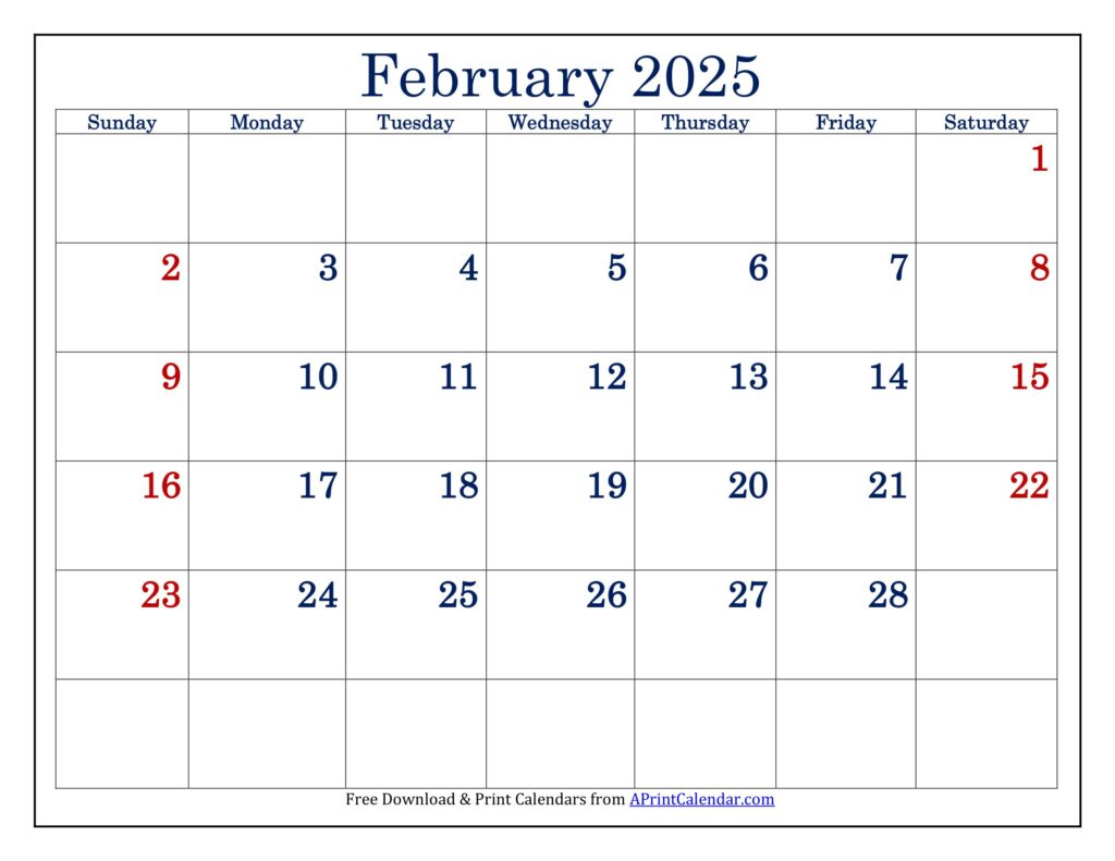 Free February 2025 Calendar Printable with Holidays Template