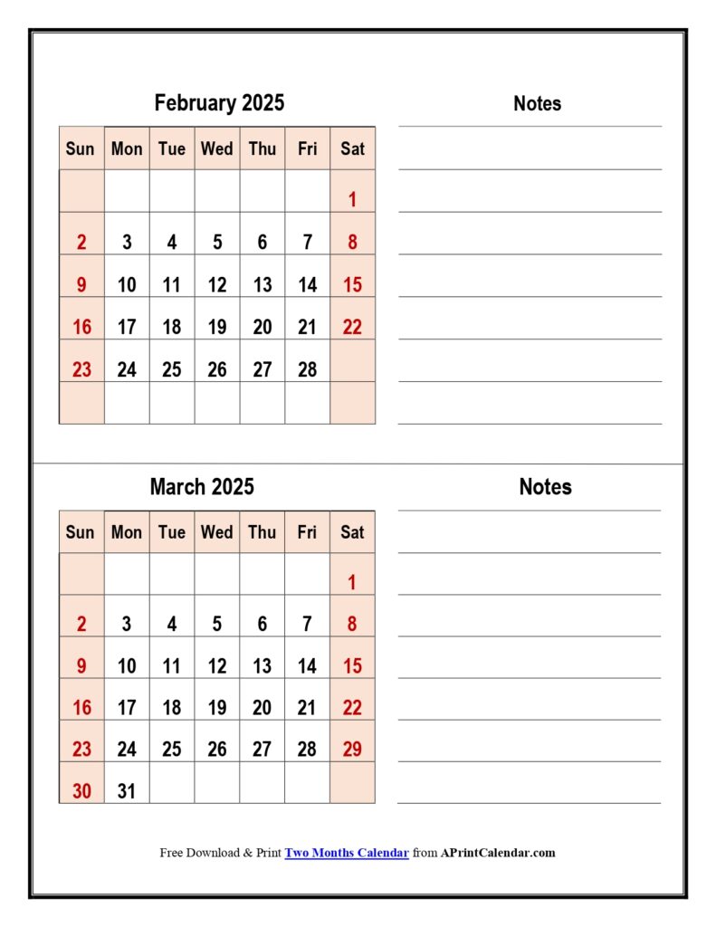 February and March 2025 Calendar with Notes