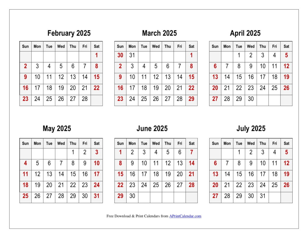 February to July 2025 Calendar