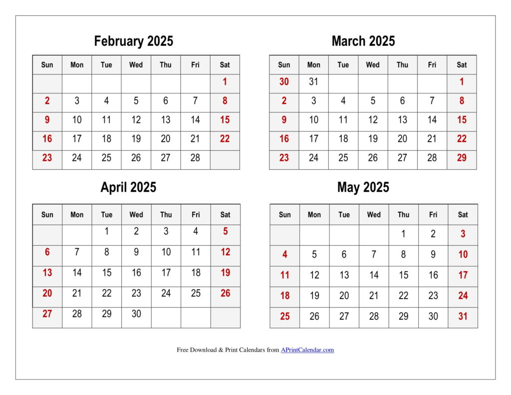 February to May 2025 Calendar