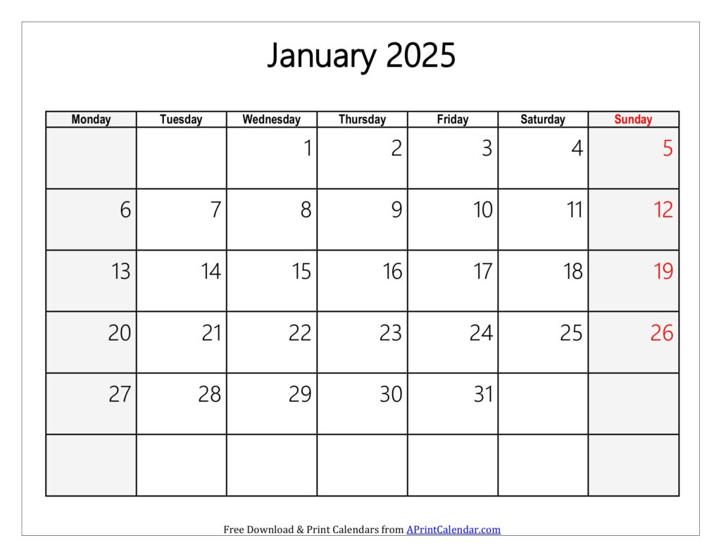 January 2025 Calendar Monday Start