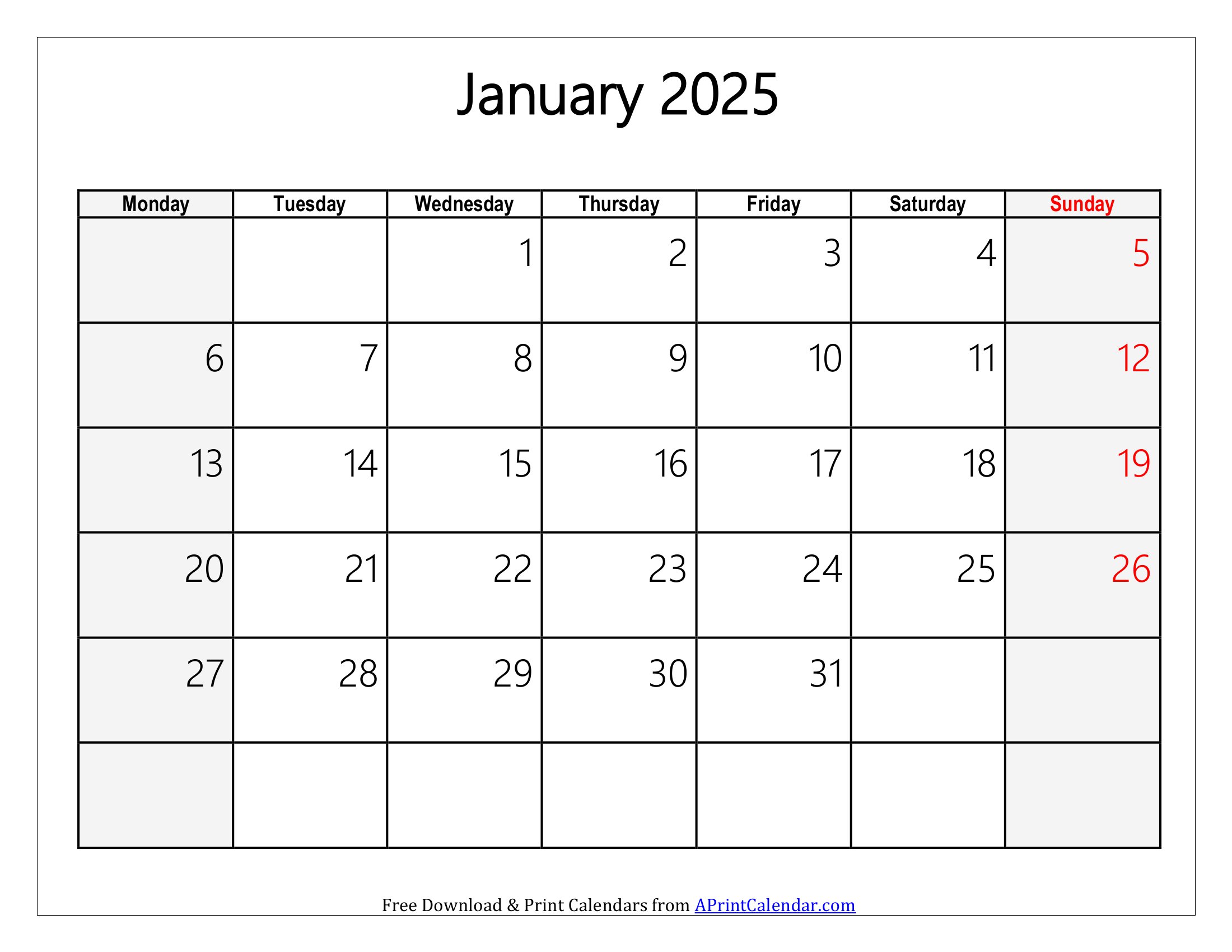 Print A Free January 2025 Calendar Printable PDF, Word, Excel Template