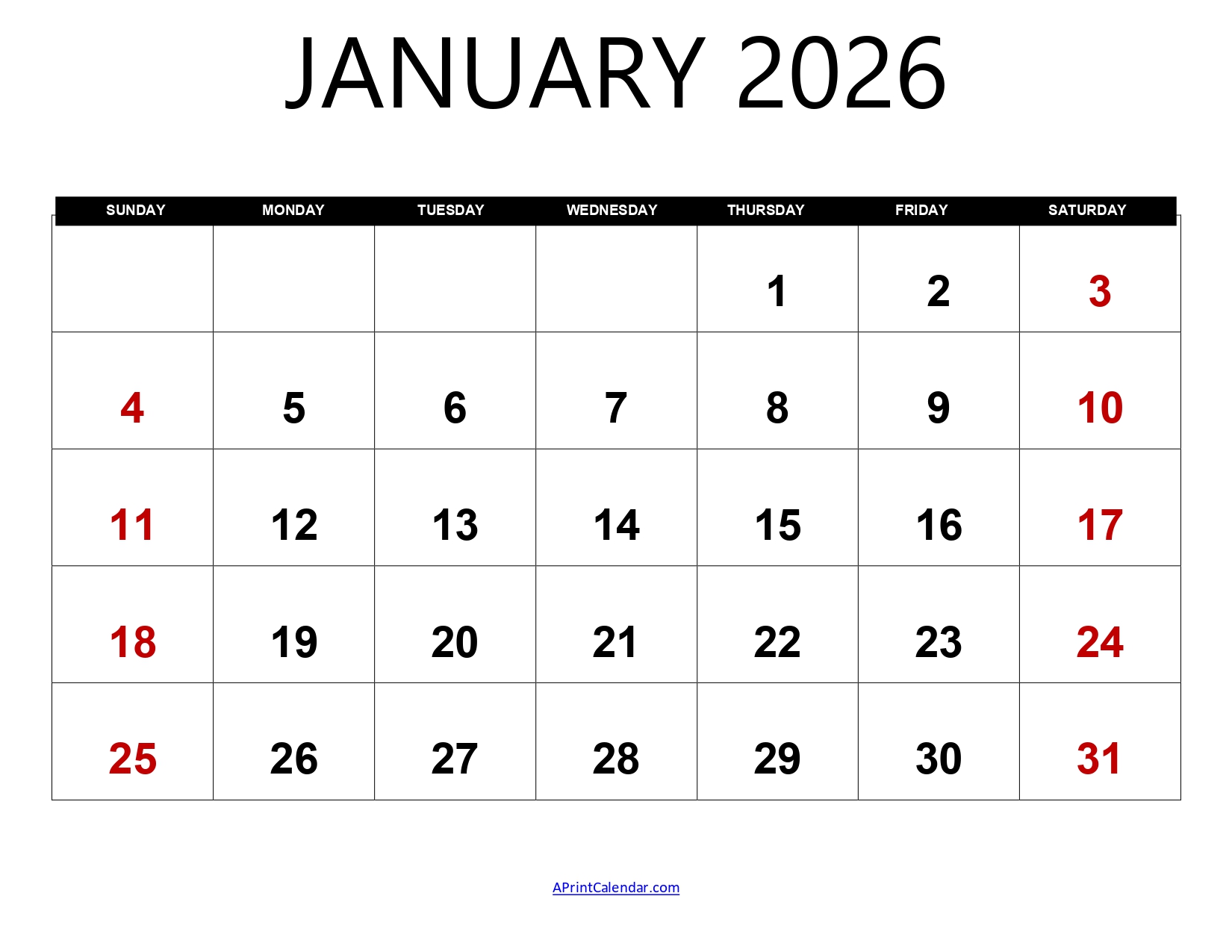 January 2026 Calendar Printable