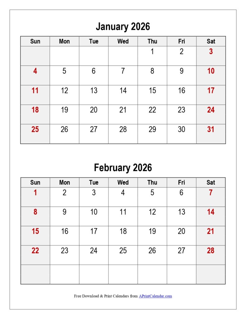 January 2026 and February 2026 Calendar