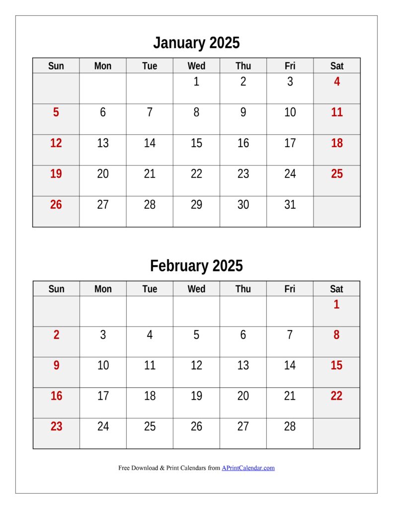 January and February 2025 Calendar