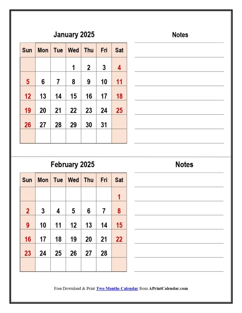 January and February 2025 Calendar with Notes