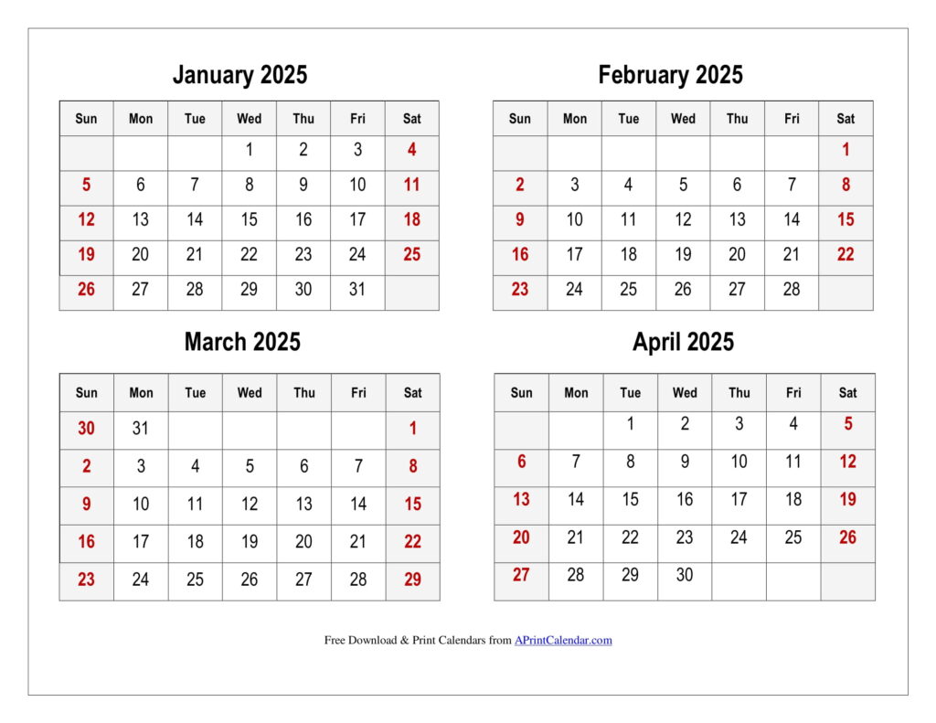 January to April 2025 Calendar