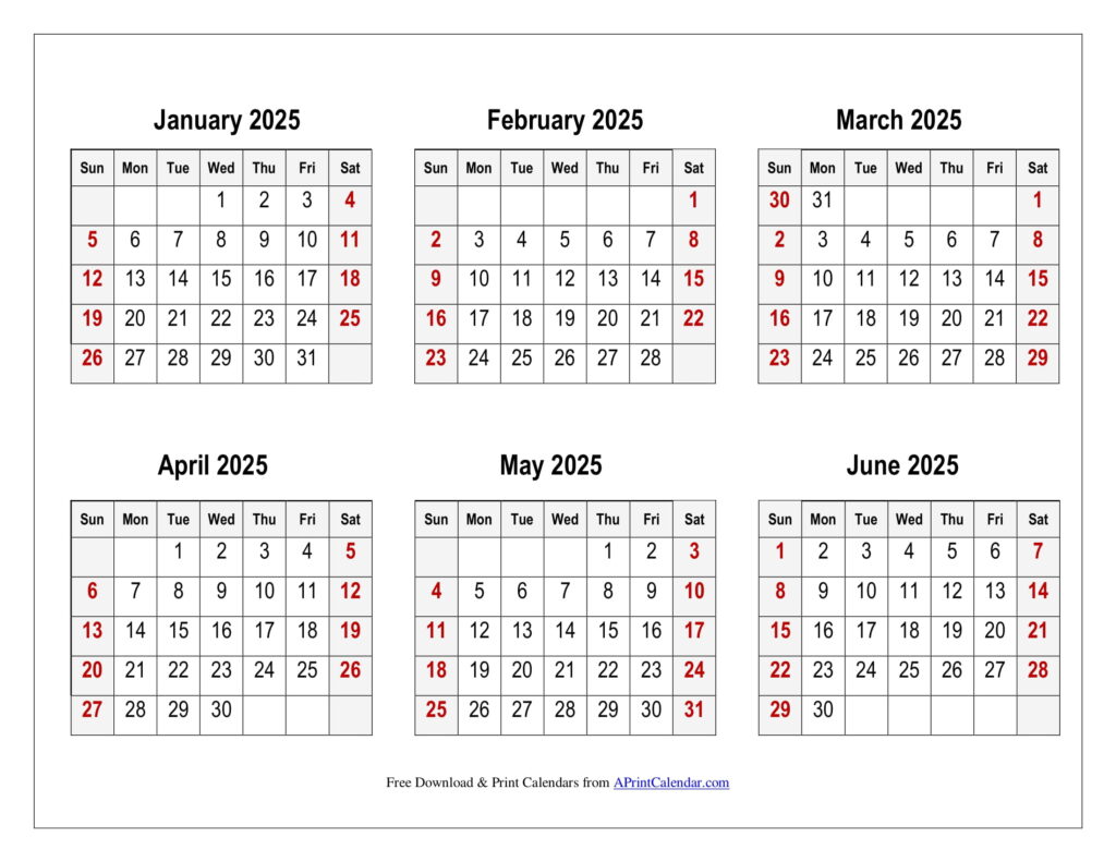 January to June 2025 Calendar