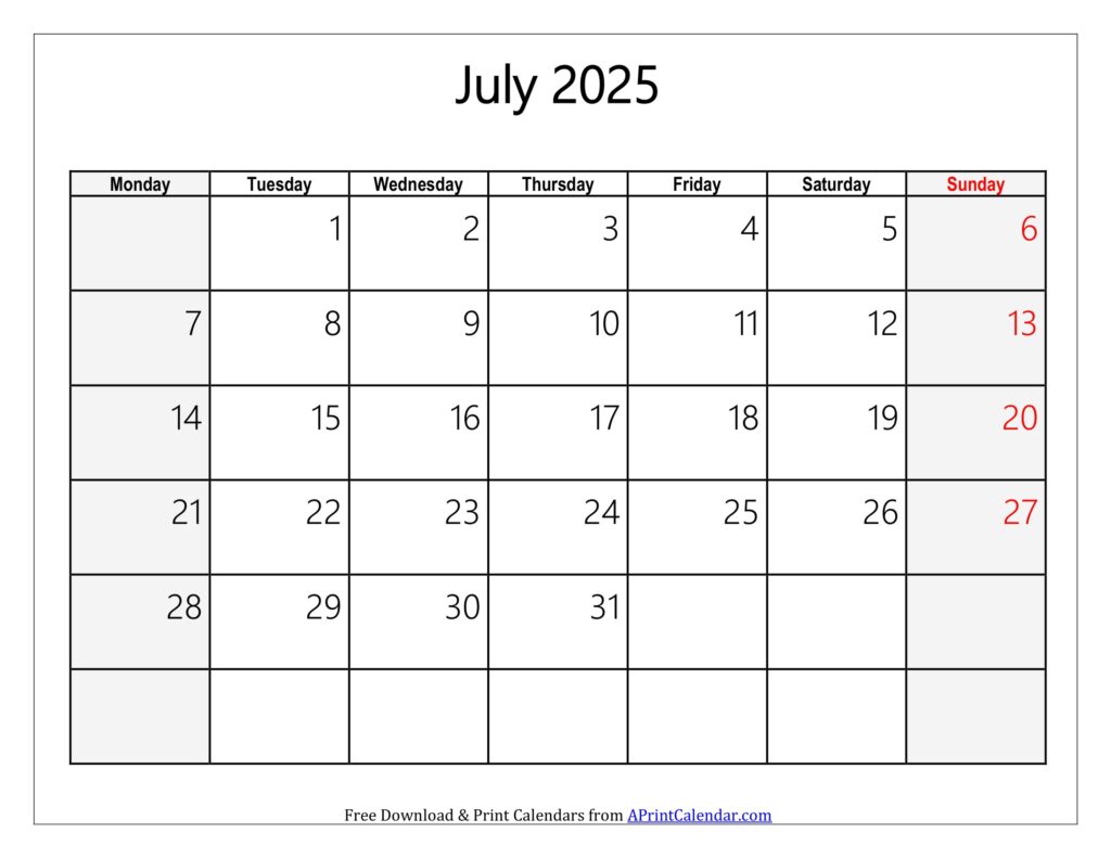 July 2025 Calendar Monday Start