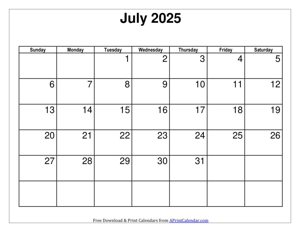 July 2025 Calendar Sunday Start