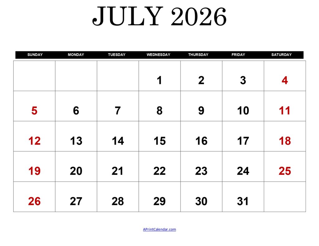July 2026 Calendar Printable
