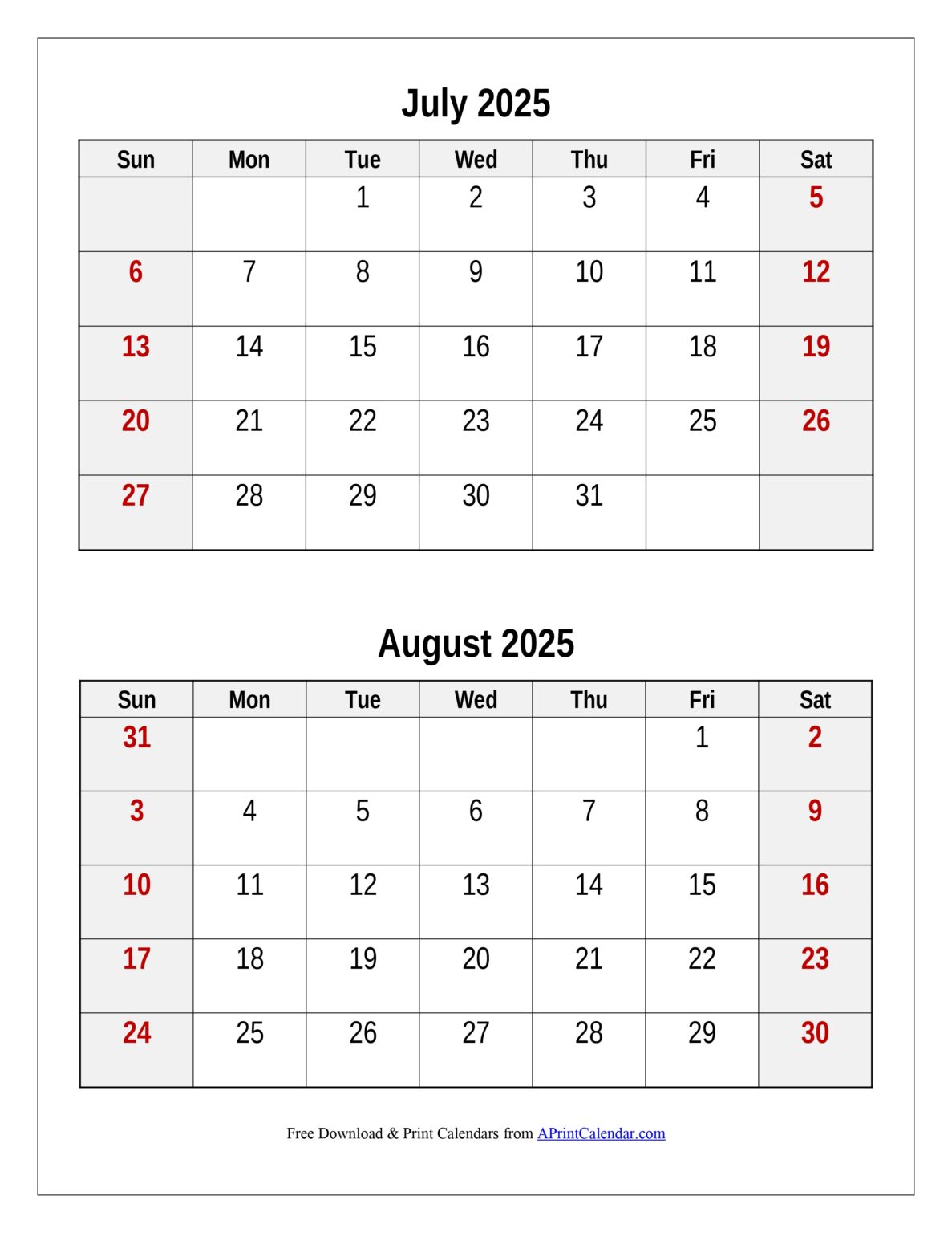 July and August 2025 Calendar One Page Printable PDF