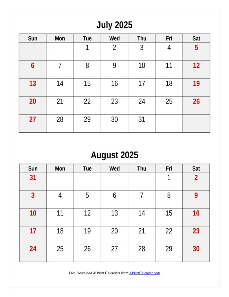 July and August 2025 Calendar