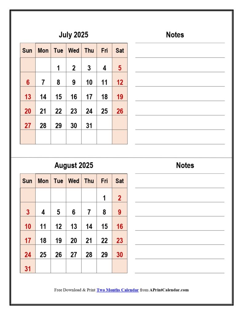 July and August 2025 Calendar with Notes