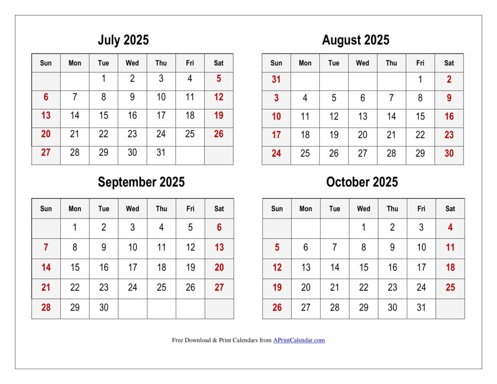 July to October 2025 Calendar