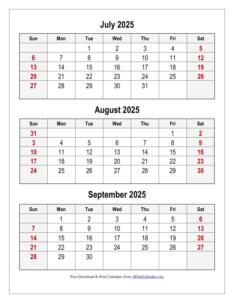 July to September 2025 Calendar