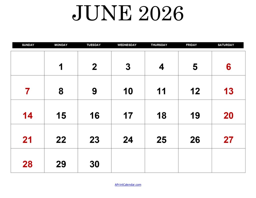 June 2026 Calendar Printable