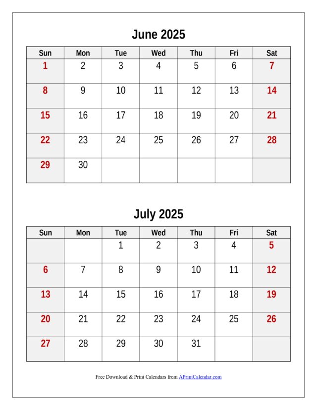 June and July 2025 Calendar One Page Printable PDF