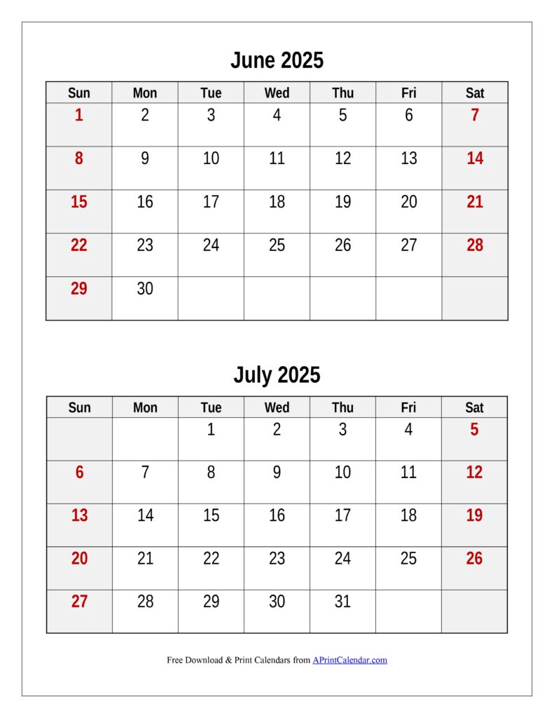 June and July 2025 Calendar