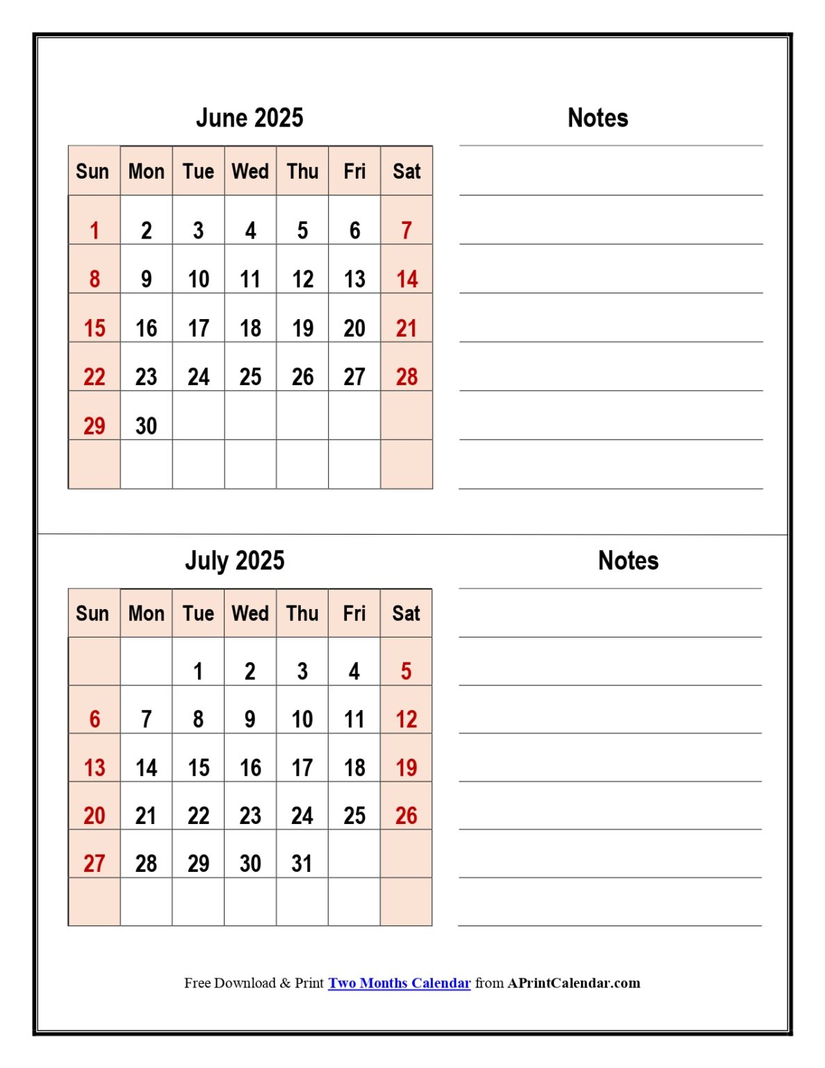 June and July 2025 Calendar One Page Printable PDF