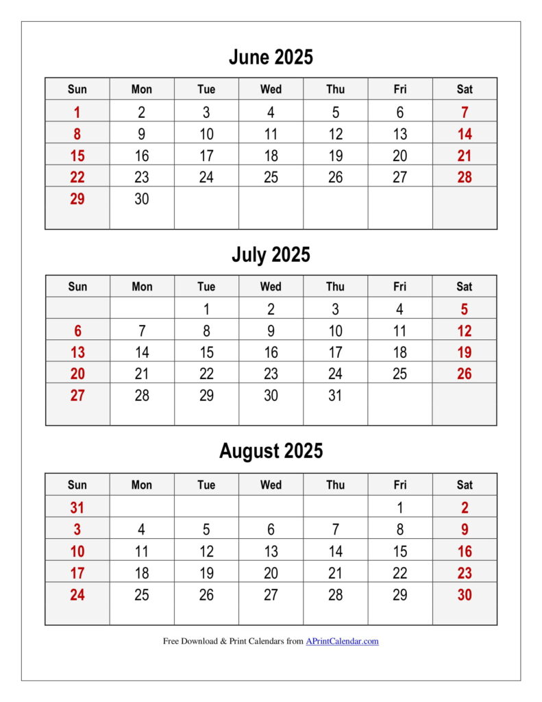 June to August 2025 Calendar