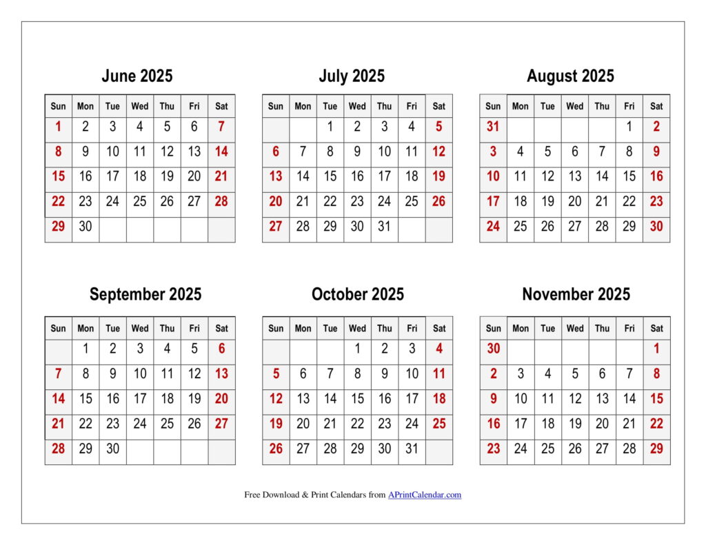 June to November 2025 Calendar