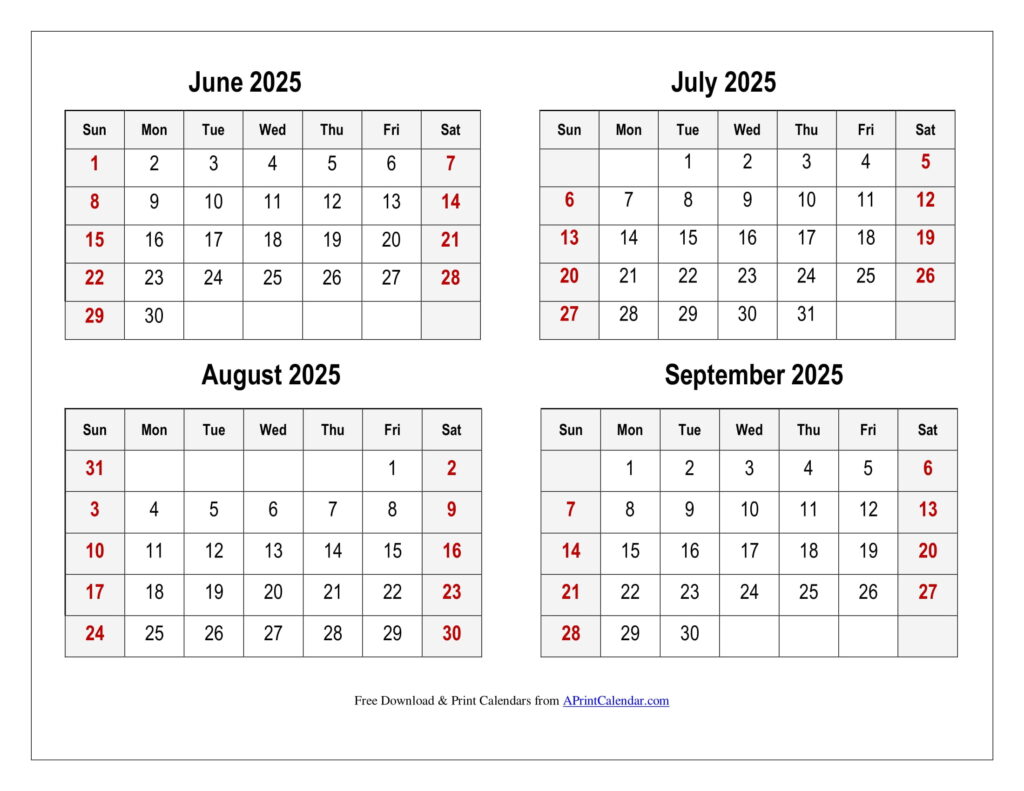 June to September 2025 Calendar